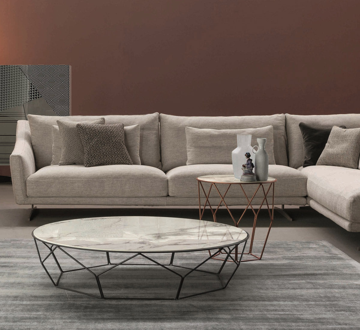 Bonaldo Arbor Tavolino - Ø117 x H. 27 cm / Ottone opaco / Ceramica Calacatta macchia vecchia Finitura Seta