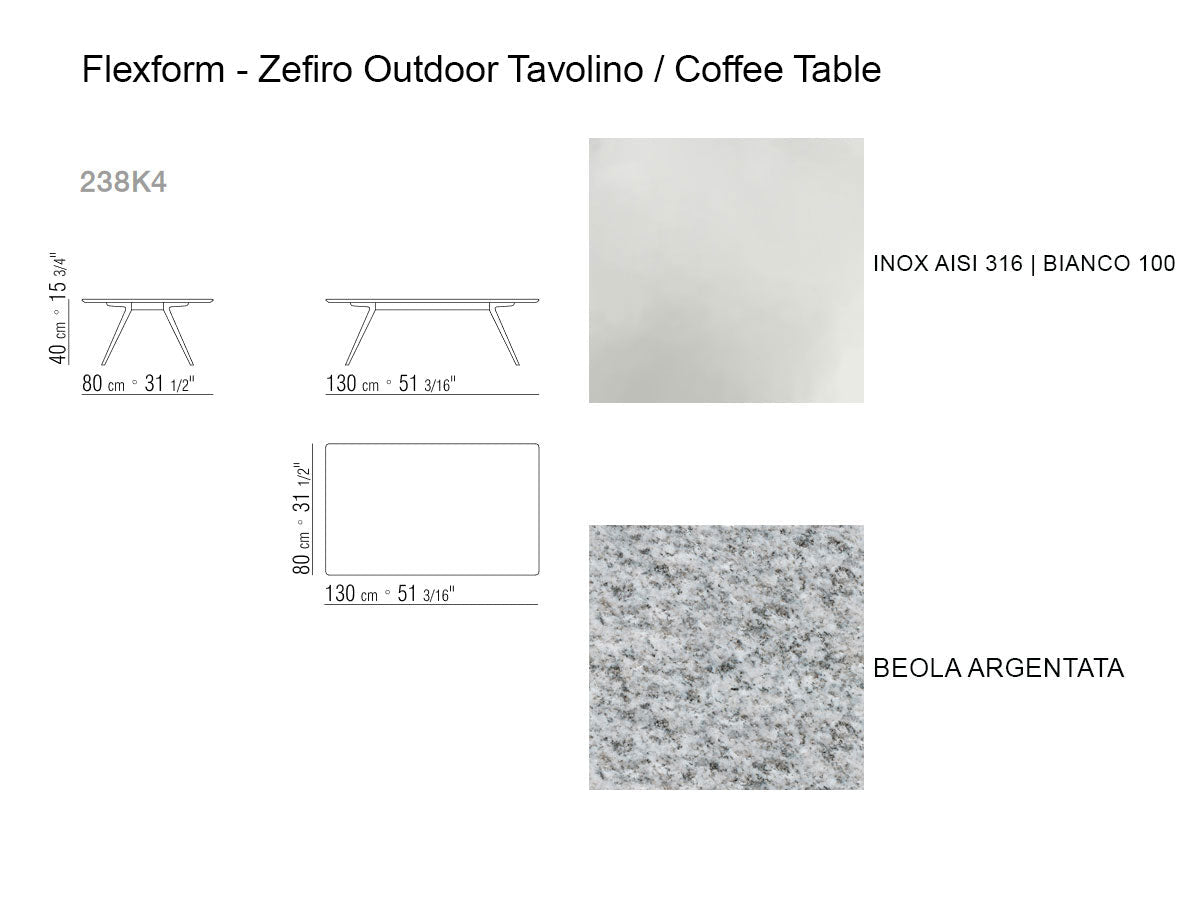 Flexform Zefiro Outdoor Tavolino - 130x80 Beola Argentata/Bianco